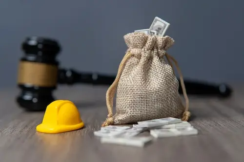 A miniature construction hat and money bag represent workers' compensation benefits in Florida.