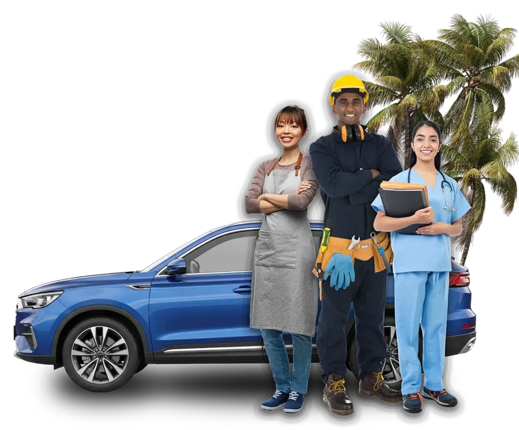 3 workers from various professions in front of blue car and palm trees